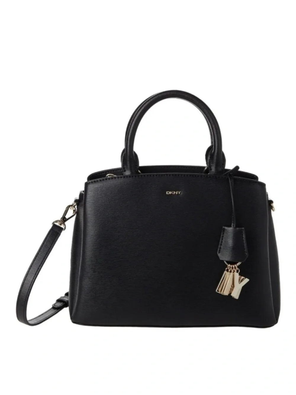 DKNY Black Leather Satchel with Logo Charm Accent